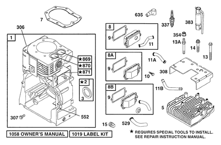 Cylinder, Head Diagram and Parts List for 19B412-0567-XX  Briggs and Stratton Engine